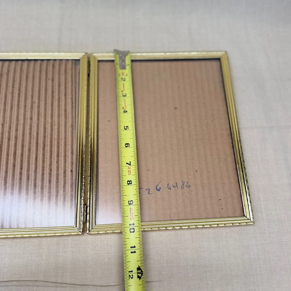 Vintage Brass Triple Folding Picture Frame Gold Tone Tabletop Display 1960s